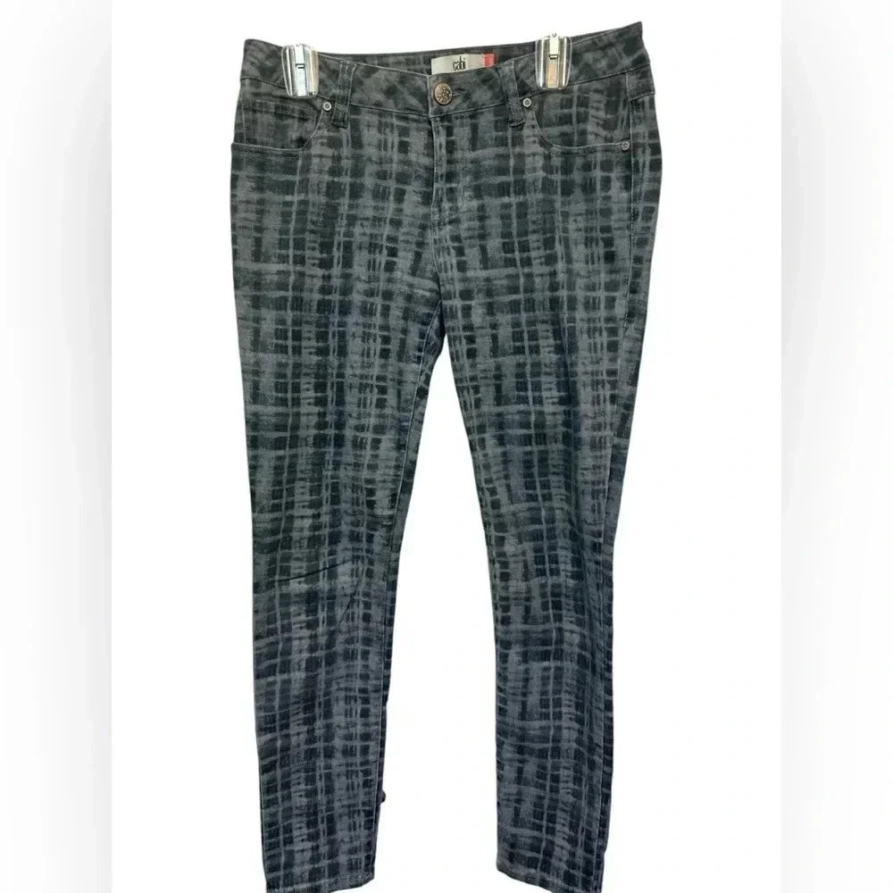 Cabi Jeans Womens Blue Grid Print Curvy Skinny Mid Rise Skinny Leg